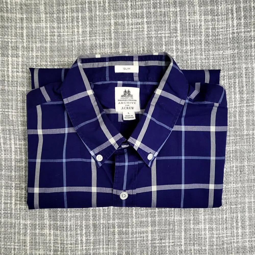 Thomas Mason For J. Crew Blue Plaid Casual Dress Shirt Slim Fit Men's L